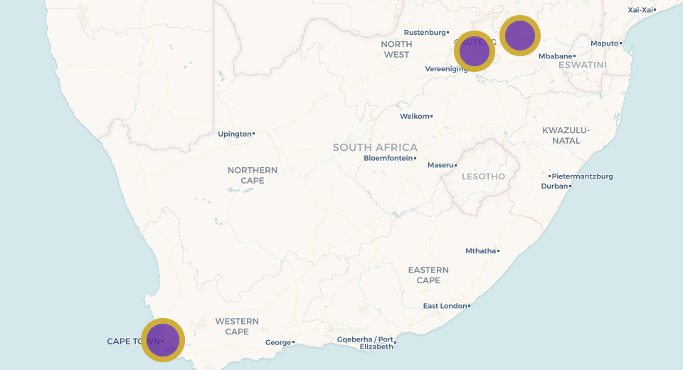 Map of PUTS service areas in Johannesburg, Middleburg, and Cape Town, South Africa